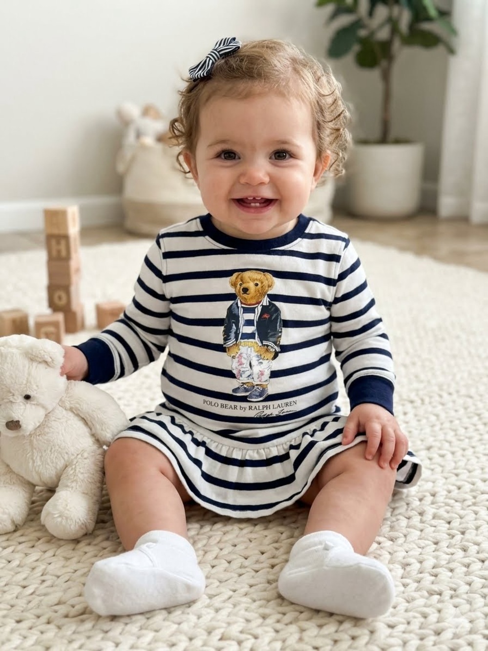 Ralph Lauren Baby Girl Polo Bear Long Sleeve Stripe Drop Waist Dress 12 Months